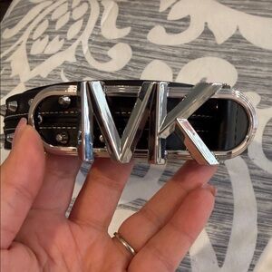 Michael Kors Black Leather Studded  Belt with Silver MK Logo Buckle 41” BN!